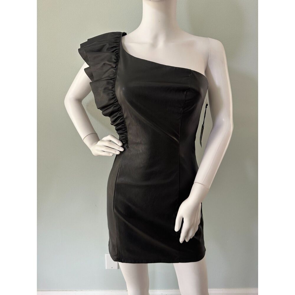 Forever 21 Black Faux Leather One Shoulder Fitted Mini Dress size S Ruffle NWT